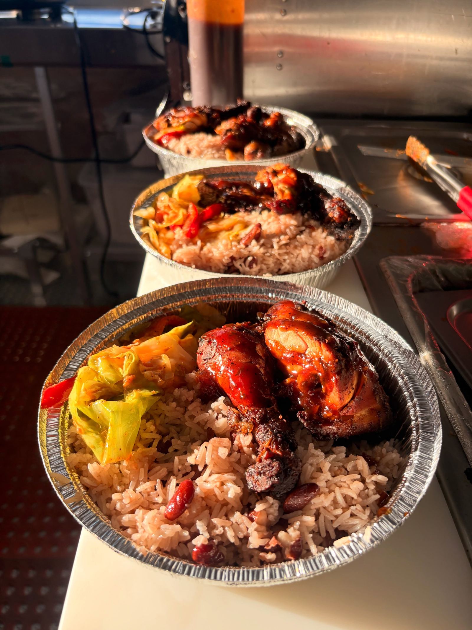 Plates with rice and peas in the truck window