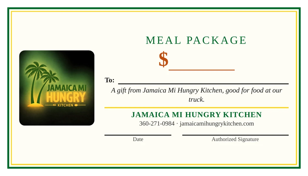 Jamaica Mi Hungry Kitchen Meal Package gift card with the kitchen logo, a blank for the amount, and a line for the recipient's name